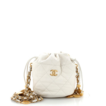 Chanel Medallion Charms Drawstring Bucket Bag Quilted Caviar Mini