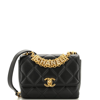 Chanel Crystal Logo Letters Chain Handle Flap Bag Quilted Lambskin Mini
