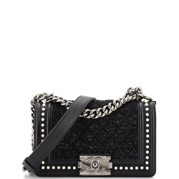 Chanel Boy Flap Bag Quilted Tweed with Pearl Embellished Calfskin Small