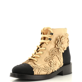 Chanel Women's CC Flowers Combat Boots Leather with Applique and Grosgrain