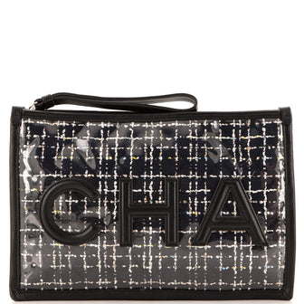 Chanel Logo Wristlet Clutch PVC Over Quilted Tweed Large