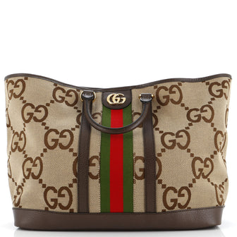 Gucci Ophidia Top Handle Shopping Tote Jumbo GG Canvas with Leather Medium