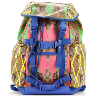 Gucci Double Pocket Buckle Backpack Rhombus GG Coated Canvas with Leather