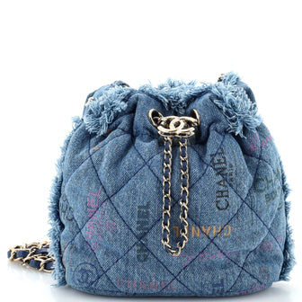 Chanel Denim Mood Chain Bucket Bag Logo Printed Quilted Fringe Denim Medium