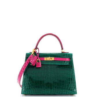 Hermes Kelly Handbag Bicolor Shiny Niloticus Crocodile with Brushed Gold Hardware 25