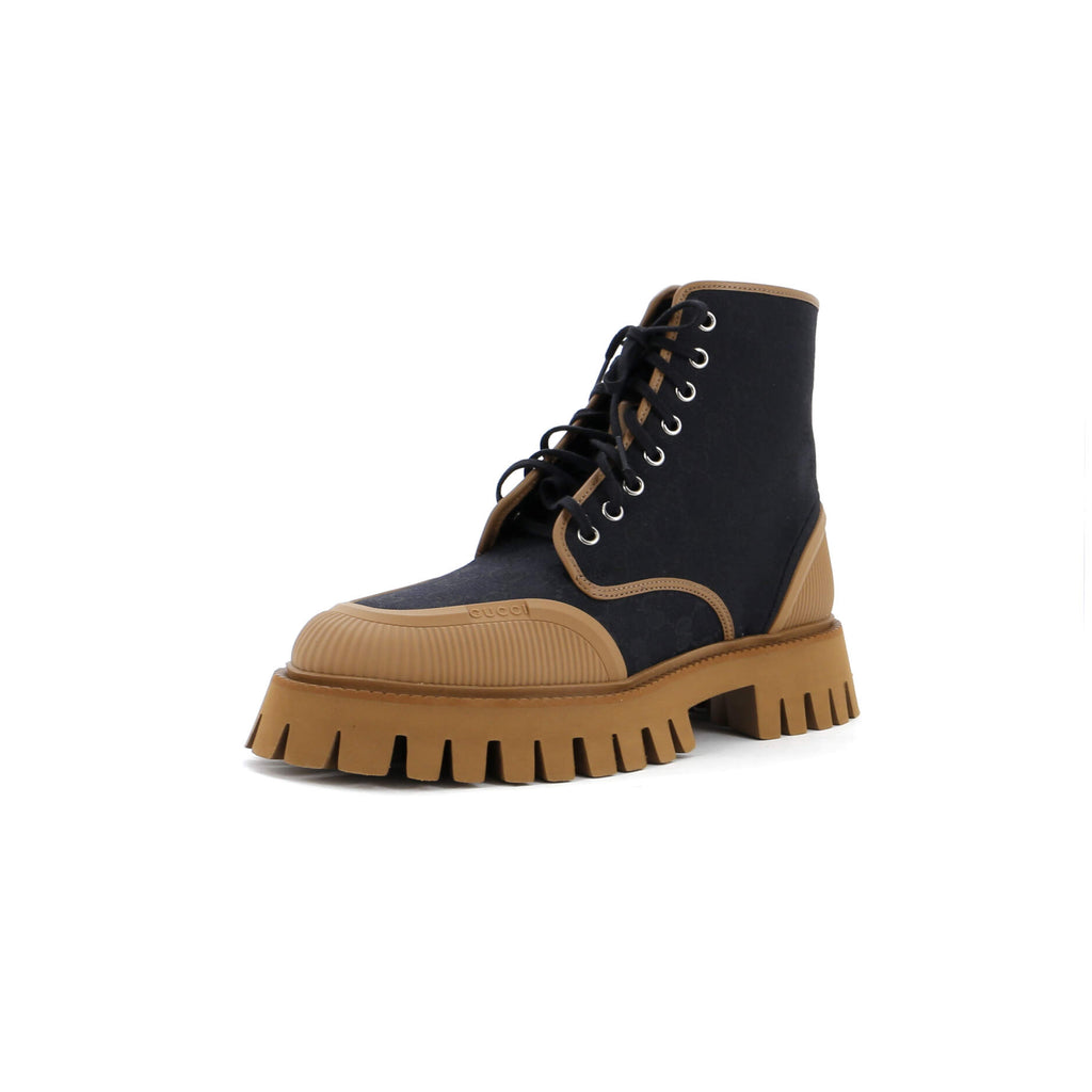 Gucci Men's Zipped Lace Up Hiking Boots GG Canvas Black 2902374