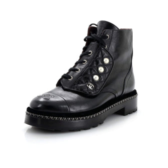 Chanel Women's Cap Toe CC Chain Around Pearl Combat Boots Leather