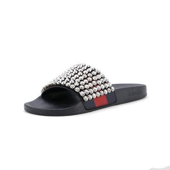 Gucci Women's Web Slide Sandals Leather and Rubber with Crystals