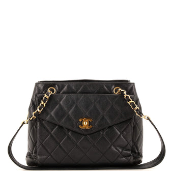 Chanel Vintage Front Pocket Shoulder Bag Quilted Caviar Large
