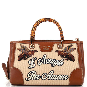 Gucci Bamboo Web Shopper Tote Embroidered Cross Stitch Canvas Medium