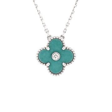 Van Cleef & Arpels Vintage Alhambra Pendant Necklace 18K White Gold and Green Celadon Sevres Porcelain with Diamond