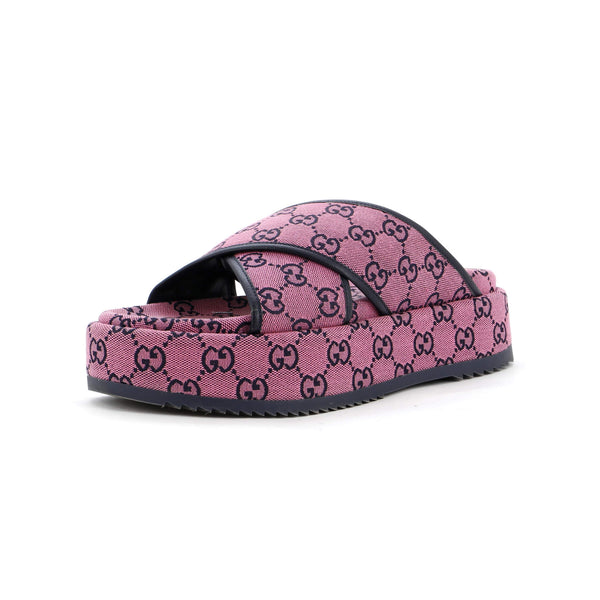 Gucci Women's Criss Cross Platform Slide Sandals GG Canvas 290895