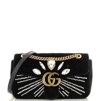 Gucci GG Marmont Flap Bag Crystal Embellished Matelasse Velvet Medium