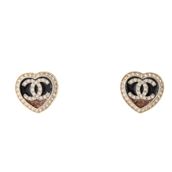 Chanel Glitter CC Heart Stud Earrings Metal with Crystals and Resin