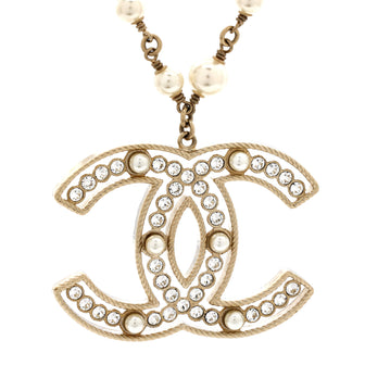 Chanel CC Baguette Cross Pendant Necklace Metal with Crystals and Faux Pearls