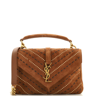 Saint Laurent Classic Monogram College Bag Matelasse Chevron Suede with Stud and Woven Detail Medium