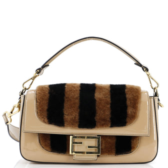 Fendi Baguette NM Bag Pequin Shearling with Patent Medium