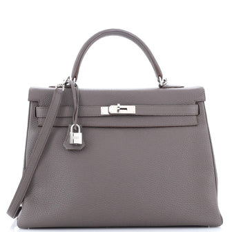 Hermes Kelly Handbag Grey Clemence with Palladium Hardware 35