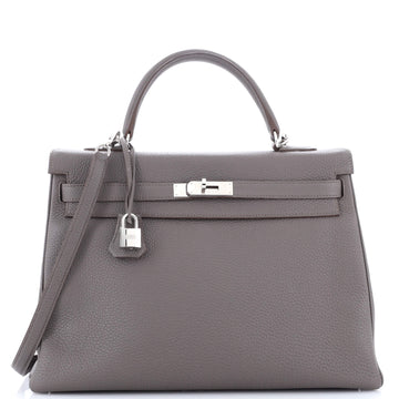 Hermes Kelly Handbag Grey Clemence with Palladium Hardware 35