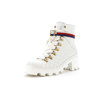 Gucci Women's Heeled Lace Up Combat Ankle Boots Quilted Leather