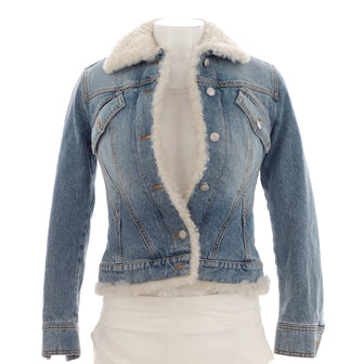 Alexander McQueen Women's Fitted Button Up Jacket Embellished Denim with Shearling