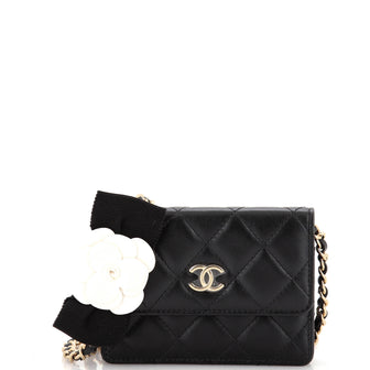Chanel Camellia Bow Flap Card Holder with Chain Quilted Lambskin