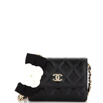 Chanel Camellia Bow Flap Card Holder with Chain Quilted Lambskin