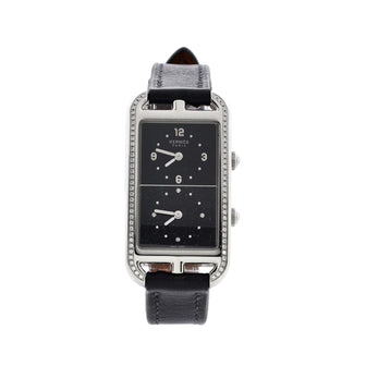 Hermes Nantucket Dual Time Quartz Watch Stainless Steel and Leather with Diamond Bezel and Diamond Aventurine Dial 22