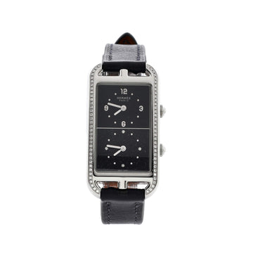 Hermes Nantucket Dual Time Quartz Watch Stainless Steel and Leather with Diamond Bezel and Diamond Aventurine Dial 22