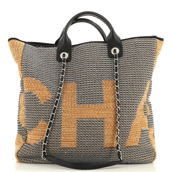 Chanel Deauville Logo Shopping Tote Printed Raffia Large