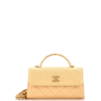 Chanel Logo and Pearl Top Handle Phone Holder with Chain Quilted Lambskin