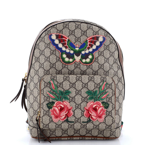 Gucci Zip Pocket Backpack Embroidered GG Coated Canvas Small 