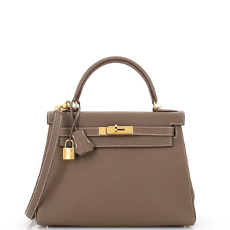 Hermes Kelly Handbag Grey Clemence with Gold Hardware 28