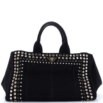 Prada Canapa Convertible Tote Rhinestone Embellished Denim Large