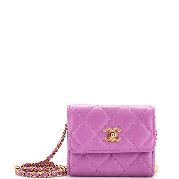 Chanel Pearl Crush Card Holder with Chain Quilted Lambskin Purple