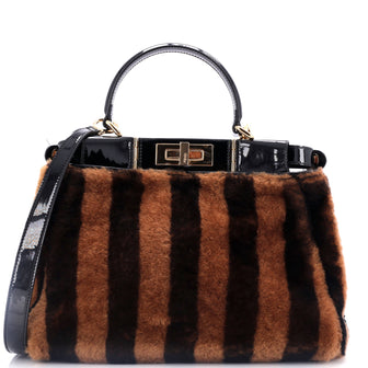 Fendi Peekaboo Bag Striped Shearling with Patent Medium