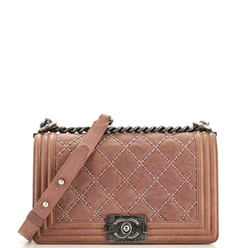 Chanel Boy Flap Bag Studded Quilted Distressed Calfskin Old Medium