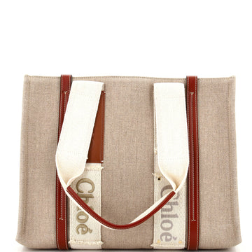 Chloe Woody Logo Tape Detail Tote Canvas with Leather Medium
