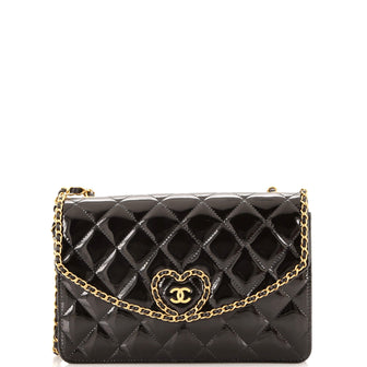 Chanel Heart Chain Flap Bag Quilted Patent Small