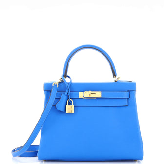 Hermes Kelly Handbag Blue Evercolor with Gold Hardware 28