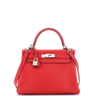 Hermes Kelly Handbag Red Clemence with Palladium Hardware 28