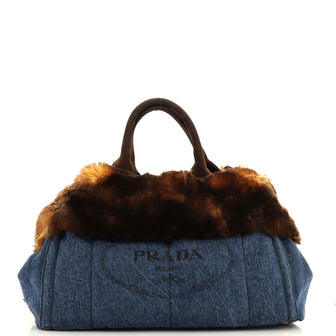 Prada Canapa Tote Denim and Fur Large