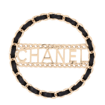 Chanel Logo Chain Link Round Brooch Metal with Leather
