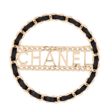 Chanel Logo Chain Link Round Brooch Metal with Leather