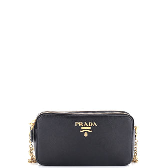 Prada Double Zip Wallet on Chain Crossbody Saffiano Leather Mini