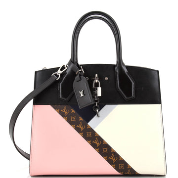 Louis Vuitton City Steamer Handbag Leather with Monogram Canvas MM