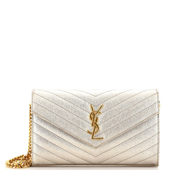 Saint Laurent Classic Monogram Wallet on Chain Matelasse Chevron Metallic Leather Medium