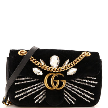 Gucci GG Marmont Flap Bag Crystal Embellished Matelasse Velvet Medium