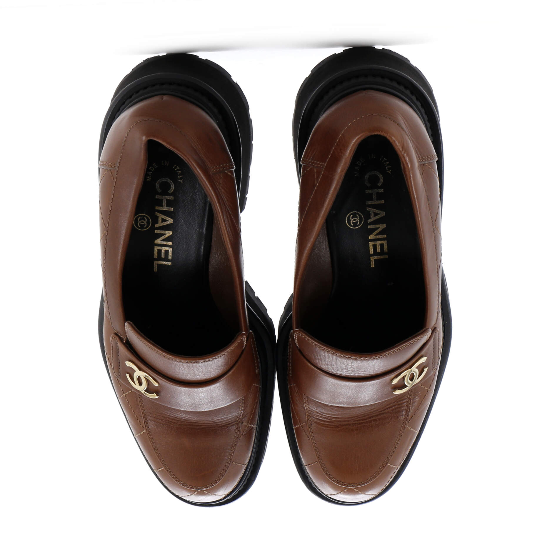Chanel Women's CC Loafers Quilted Leather Brown 2936601
