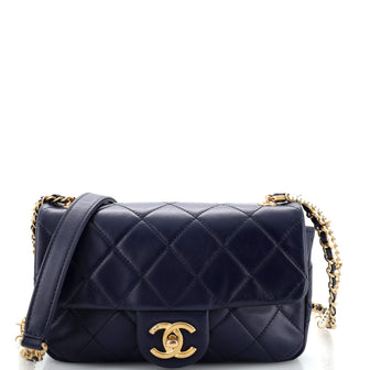 Chanel Crystal Pearls Chain Flap Bag Quilted Calfskin Small